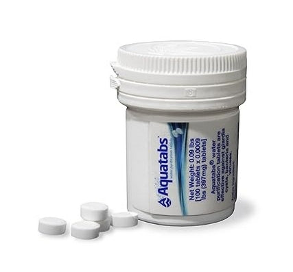 Aquatabs 397mg Water Purification Tablets (100 Pack). Water Filtration System for, Camping, Emergencies, Survival, and RVs. Easy to Use Water Treatment and Disinfection.